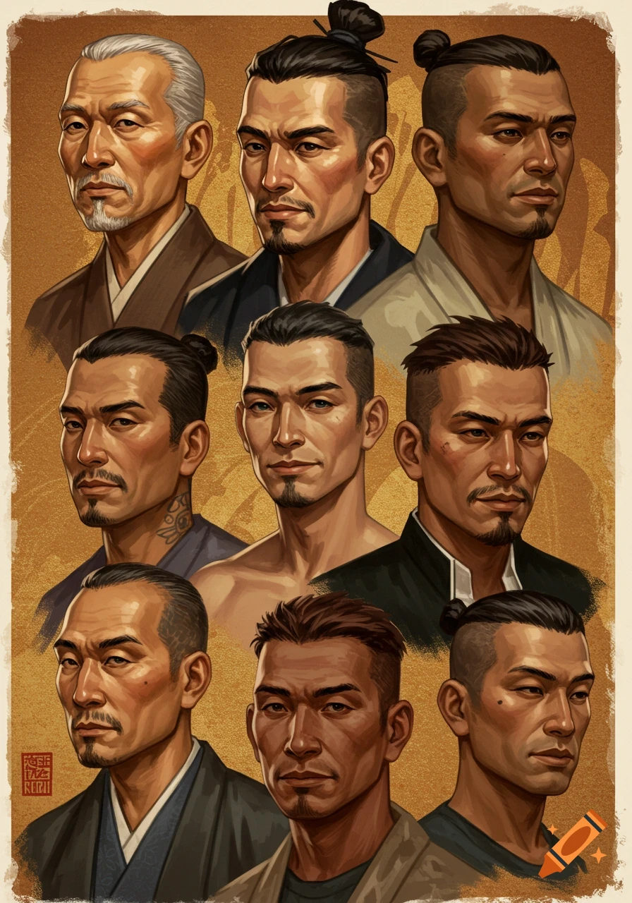A grid of nine stylized portraits of men with East Asian features, varying in age and hairstyles, against a textured gold background.