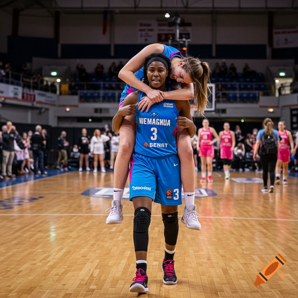 Two female basketball players in blue and pink uniforms on a court, one carrying the other on her shoulders.