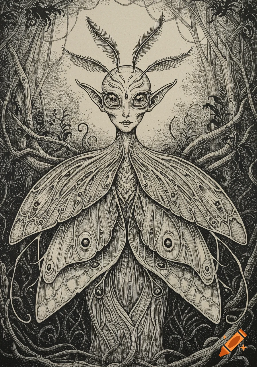 A detailed black and white ink drawing of a fantasy elf with large segmented eyes, moth antennae, and moth-like wings, set within a dense, gnarled forest.