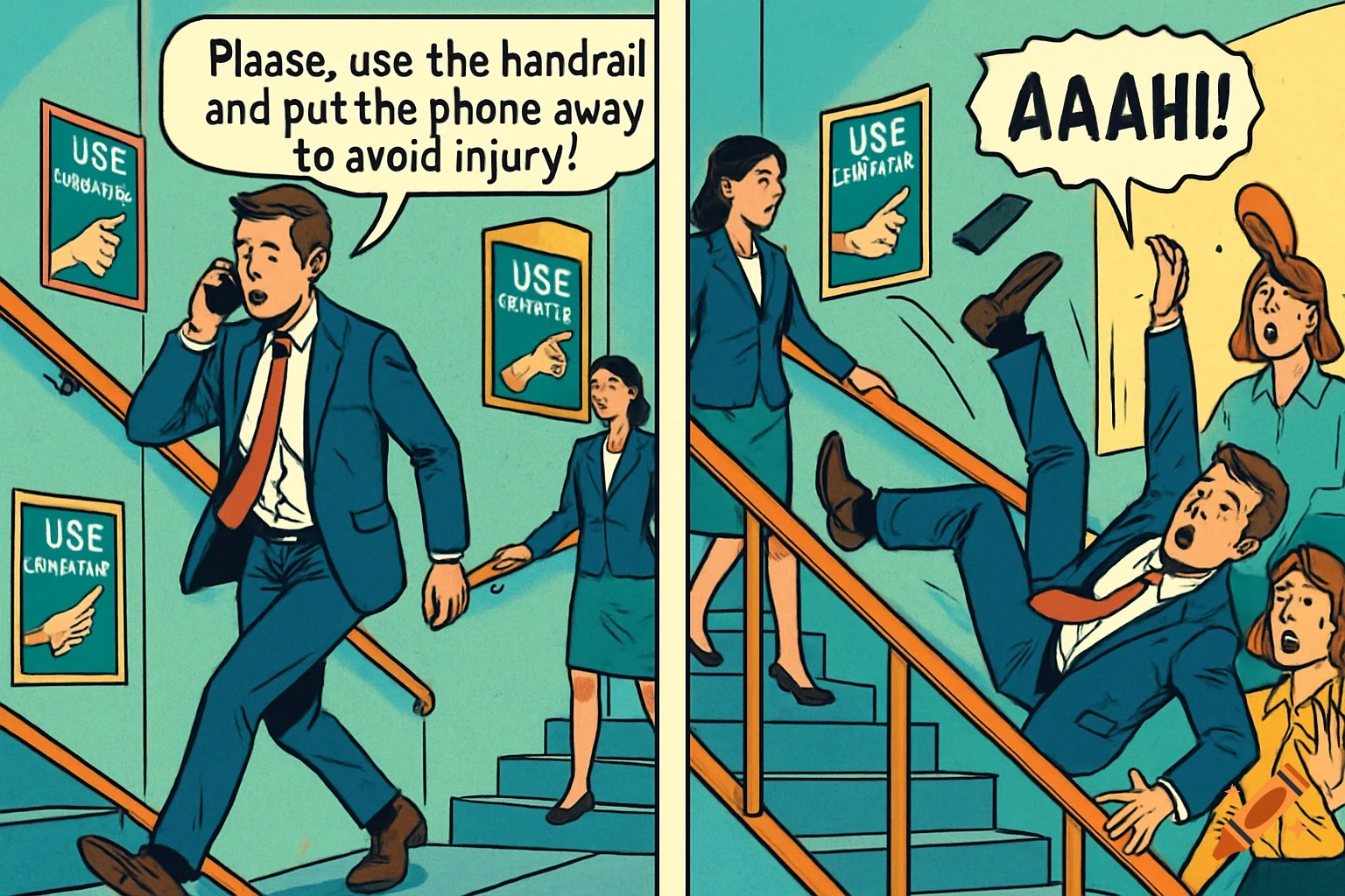 A two-panel comic strip shows a man talking on the phone and falling down stairs, despite signs and a colleague's warning to use the handrail.