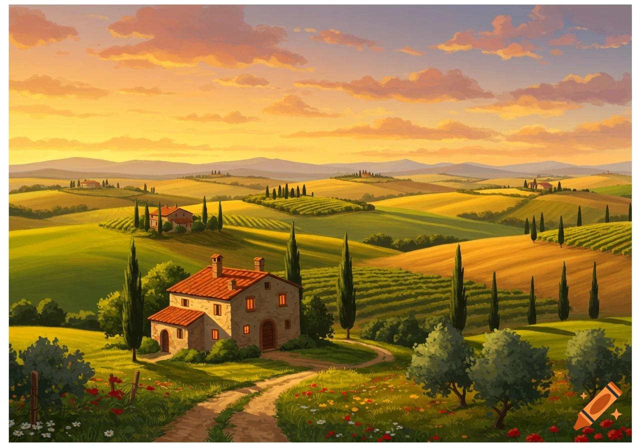 A vibrant illustration of a Tuscan countryside with rolling green and gold hills, traditional farmhouses, cypress trees, and vineyards under a golden sunset sky.