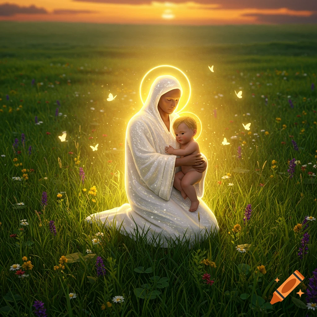 A serene, glowing figure with a halo kneels in a field of wildflowers, gently holding a baby, under a sunset sky with butterflies.