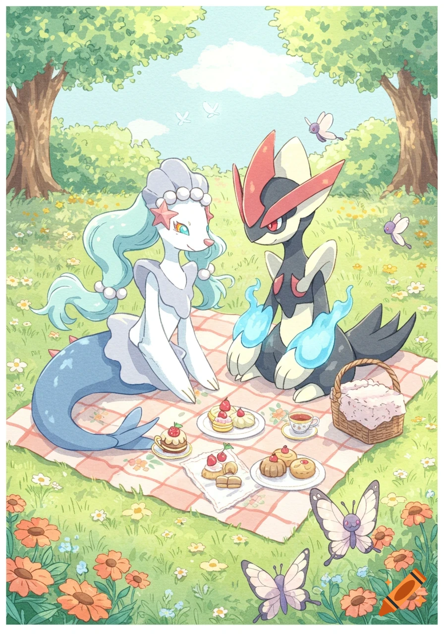 Primarina and Ceruledge Pokmon enjoying a picnic with cakes and tea in a pastel watercolor style field.