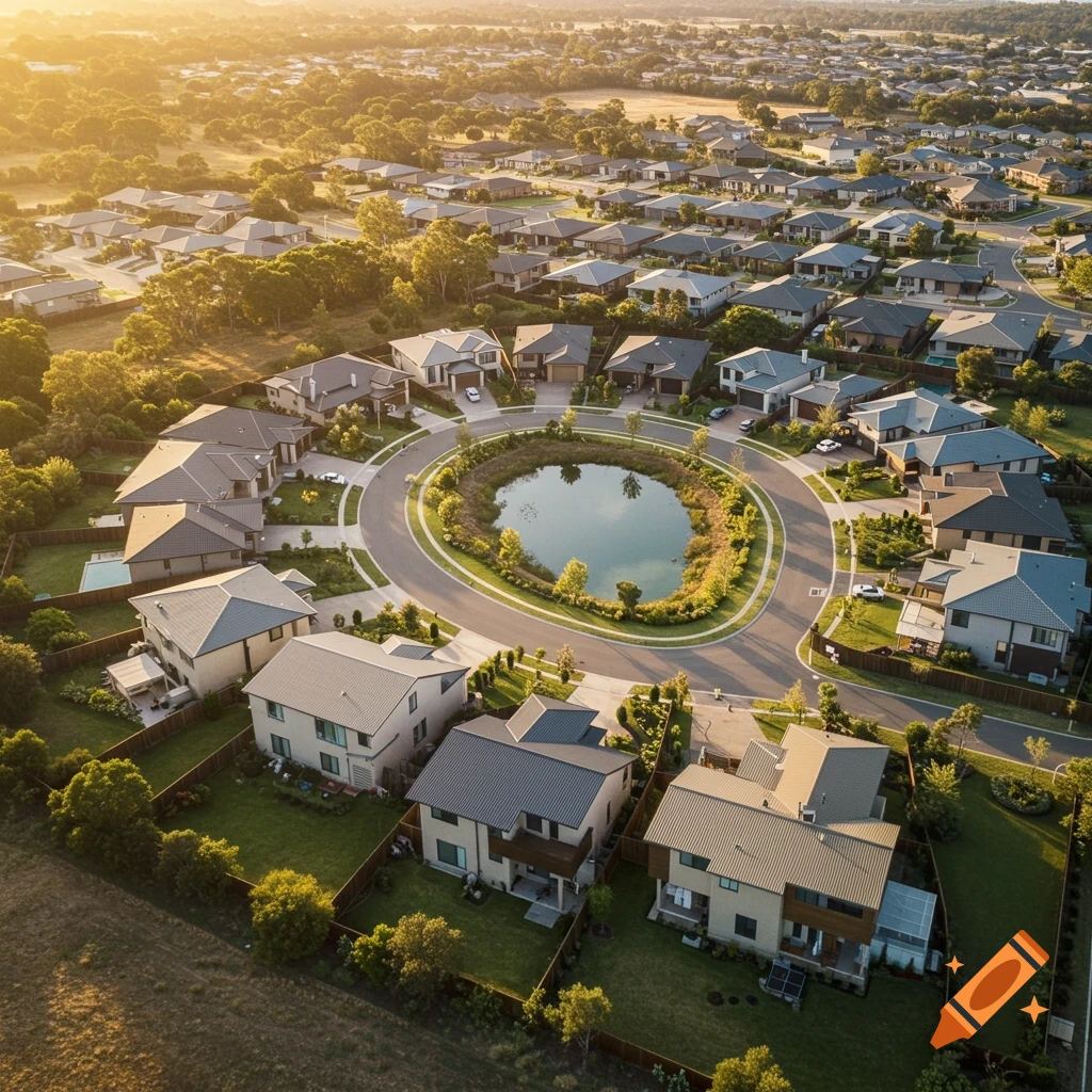 Aerial view of a modern suburban neighborhood with houses surrounding a circular road and a central pond at golden hour.
