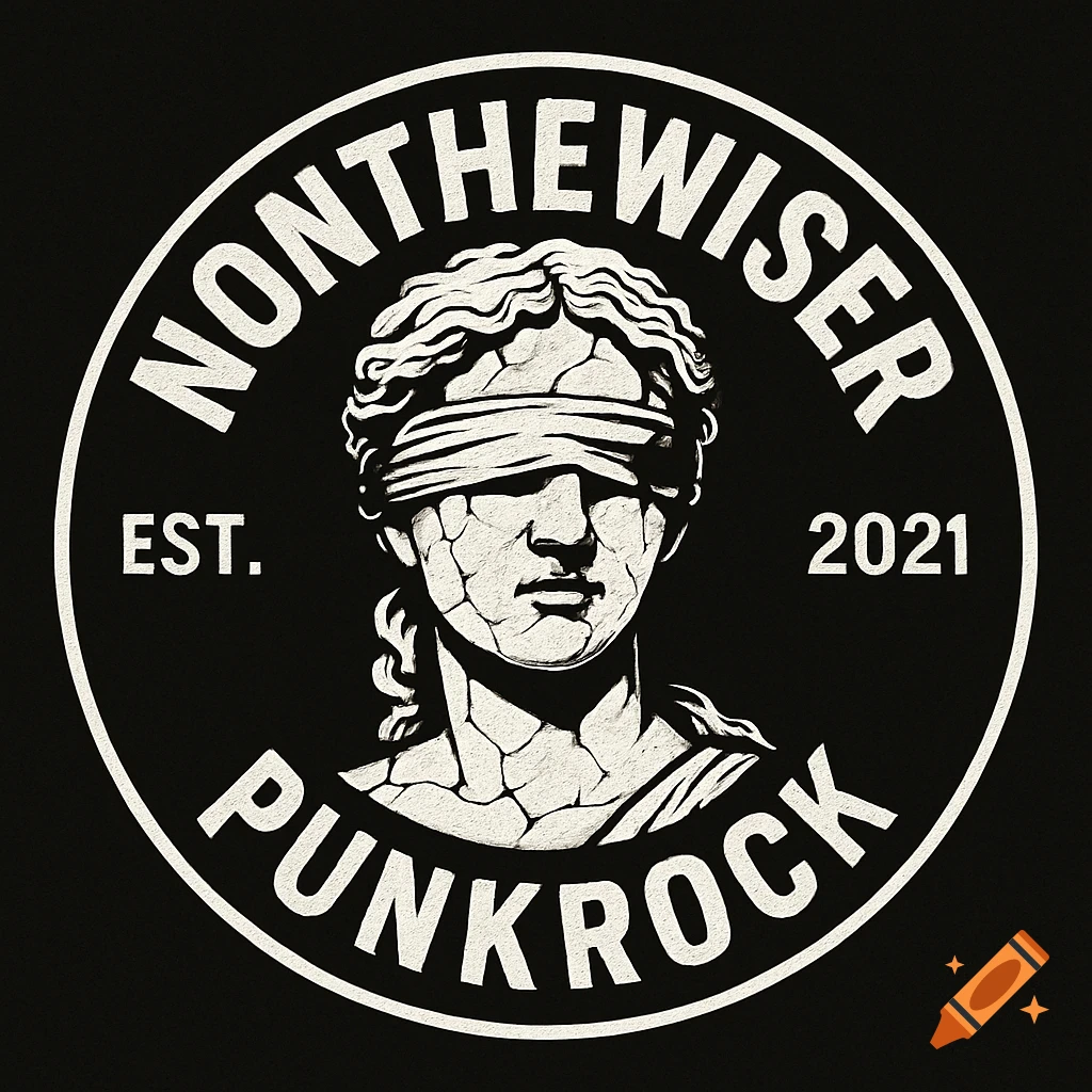 A black and white circular logo for 'NONTHEWISER PUNKROCK' featuring a cracked, blindfolded Lady Justice bust, with 'EST. 2021'.