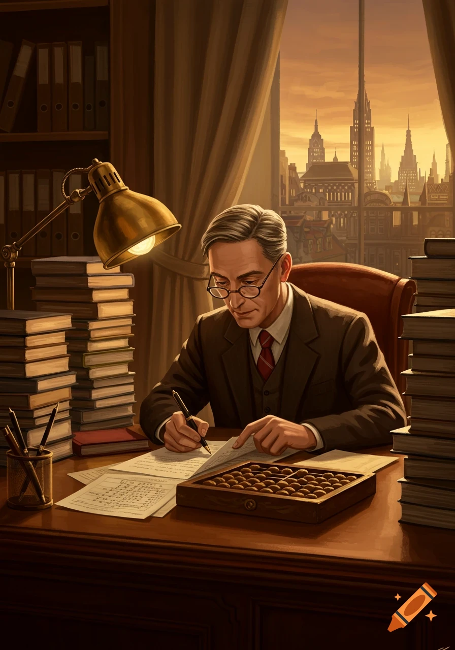 A man with glasses, dressed in a suit, meticulously works at a wooden desk filled with stacks of books and an abacus. A city skyline is visible through the window at sunset.