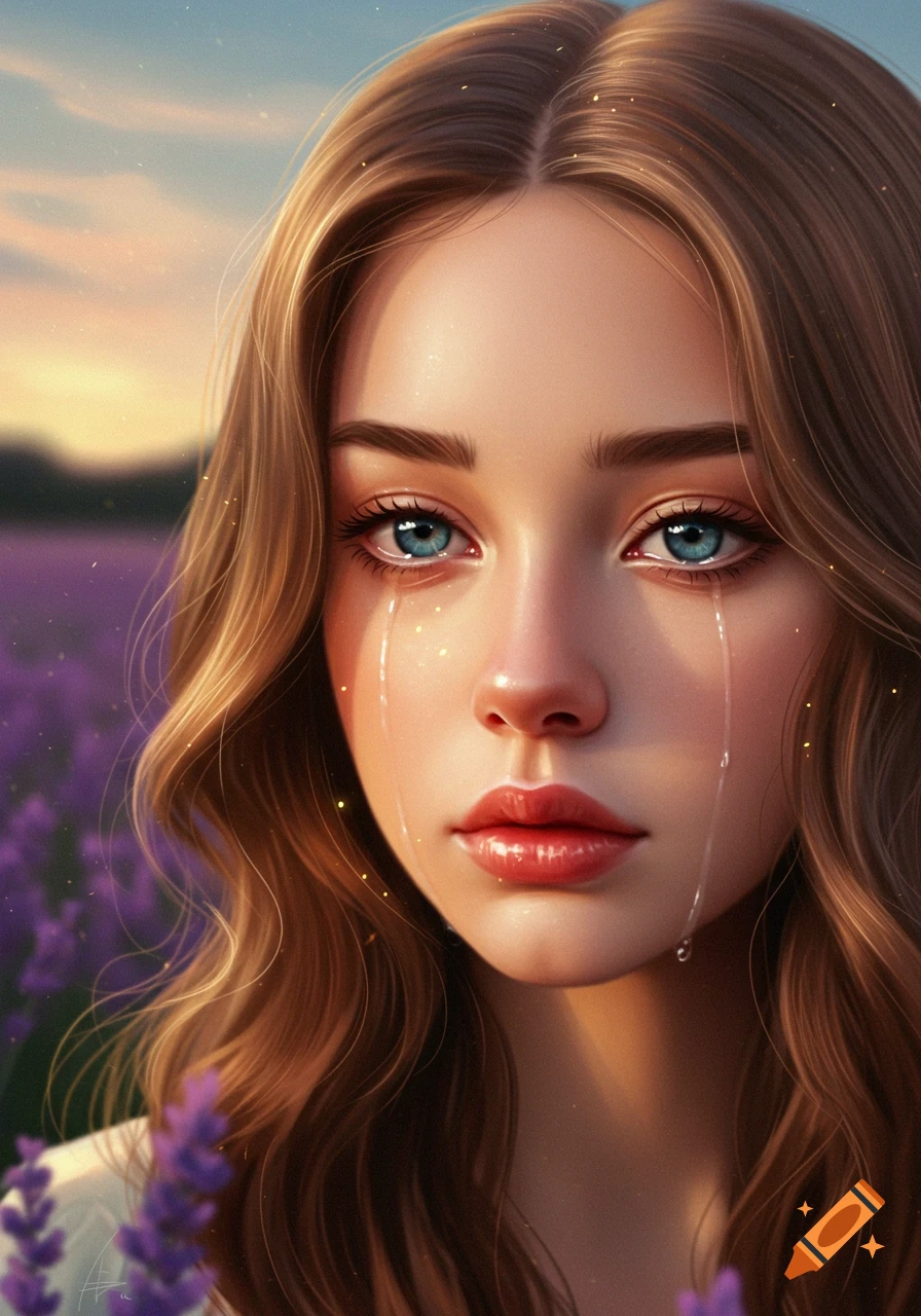 Close-up digital painting of a beautiful girl with long brown hair, crying with tears streaming down her face, in a lavender field at sunset.
