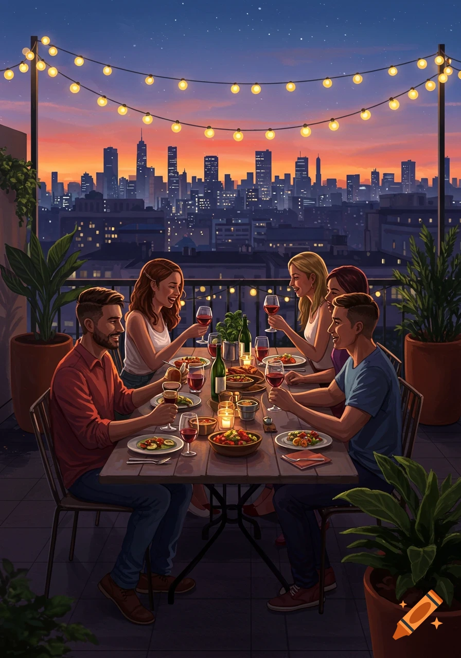 Illustrated group of friends having dinner and drinks on a rooftop with a city skyline at sunset under string lights.
