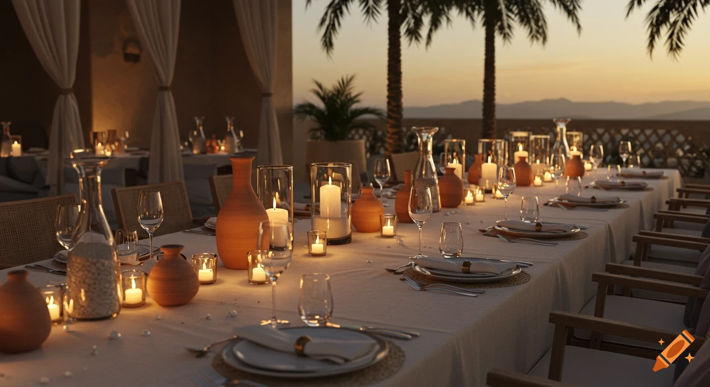 A luxury outdoor dining setting at sunset with a long table, glowing candles, elegant place settings, and palm trees.