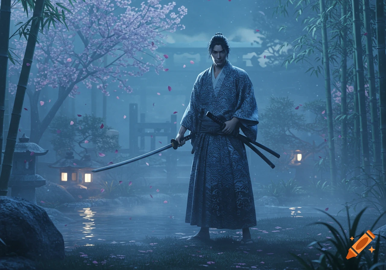 A samurai stands in a misty, moonlit Japanese garden with cherry blossoms, bamboo, and glowing lanterns by a pond.