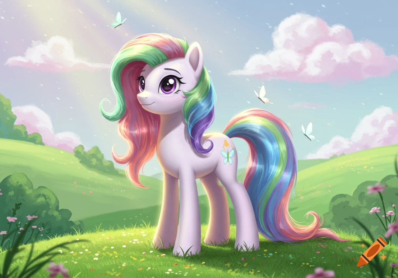 A light purple My Little Pony with a rainbow mane and tail stands in a sunny green meadow with butterflies.