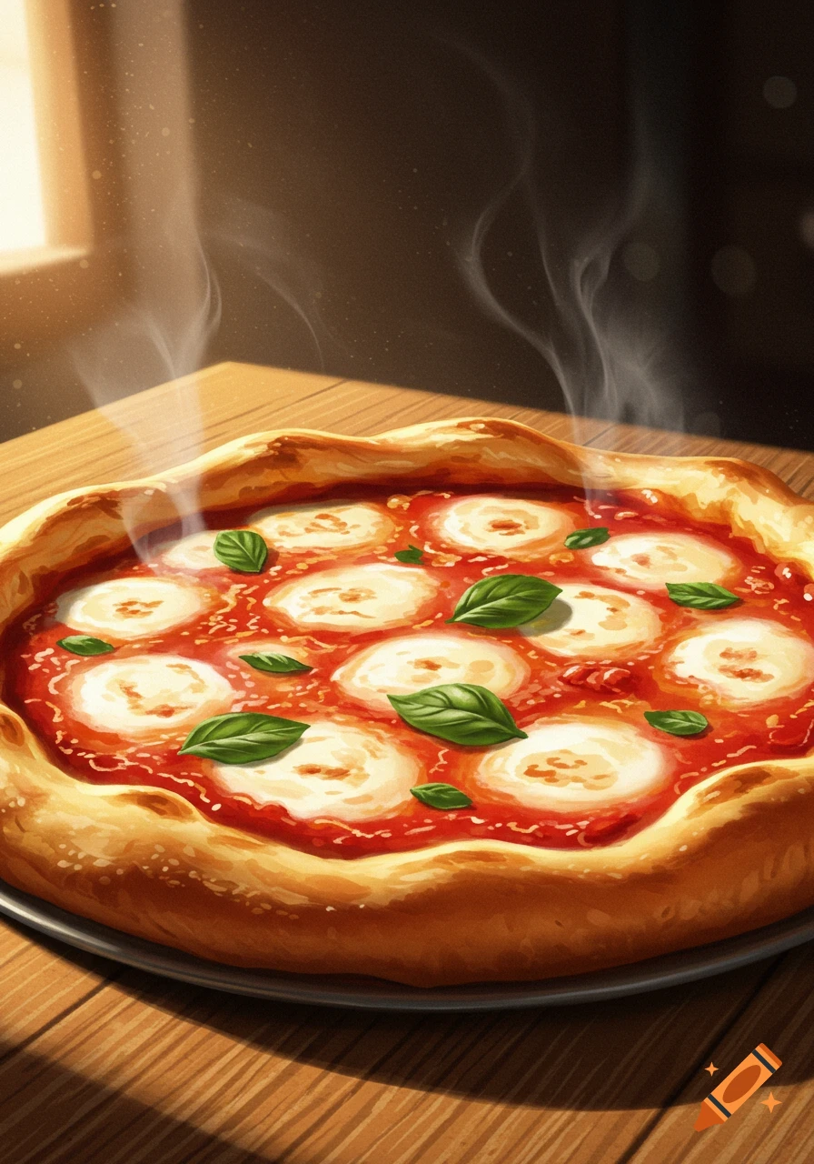 A steaming, freshly baked Margherita pizza with melted mozzarella, red sauce, and green basil leaves on a wooden table, lit by warm light.