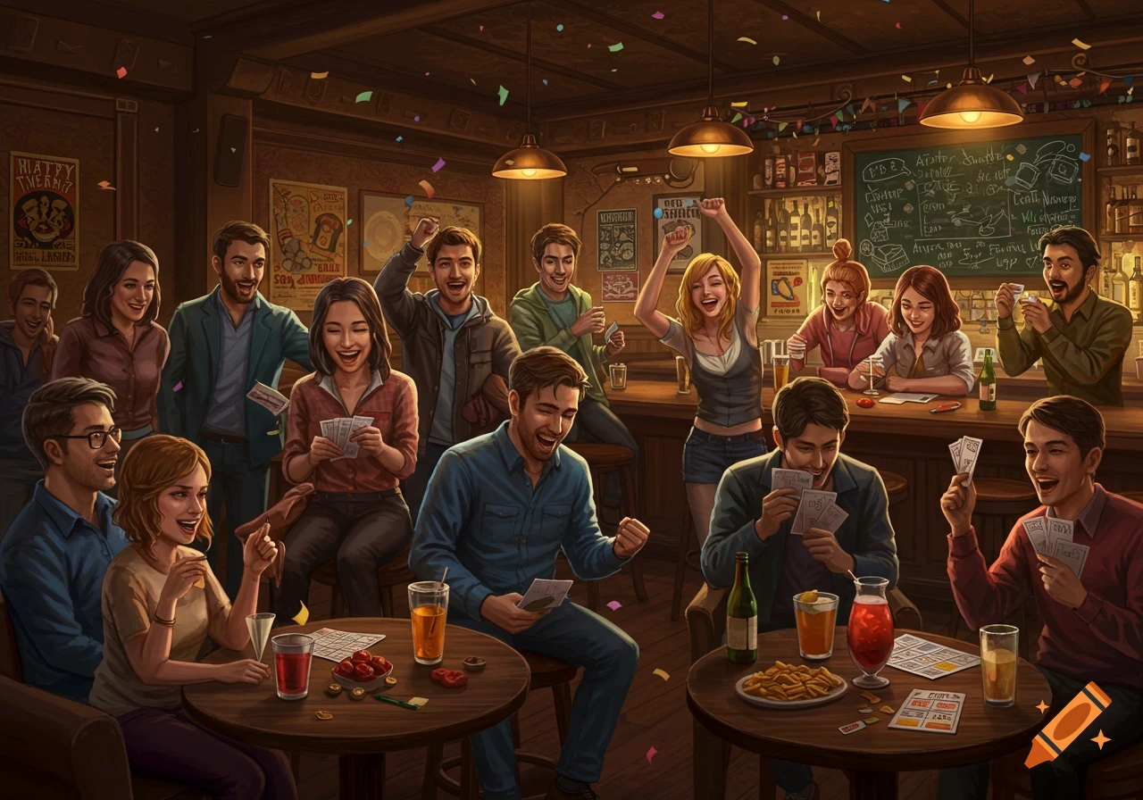 A lively group of friends enjoying a bar quiz night, laughing and holding cards, with drinks and snacks on tables.