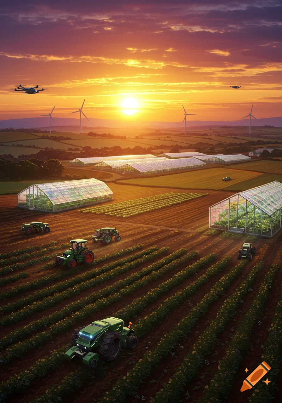 A vibrant futuristic farm landscape at sunset, featuring fields, modern greenhouses, green tractors, flying drones, and wind turbines.