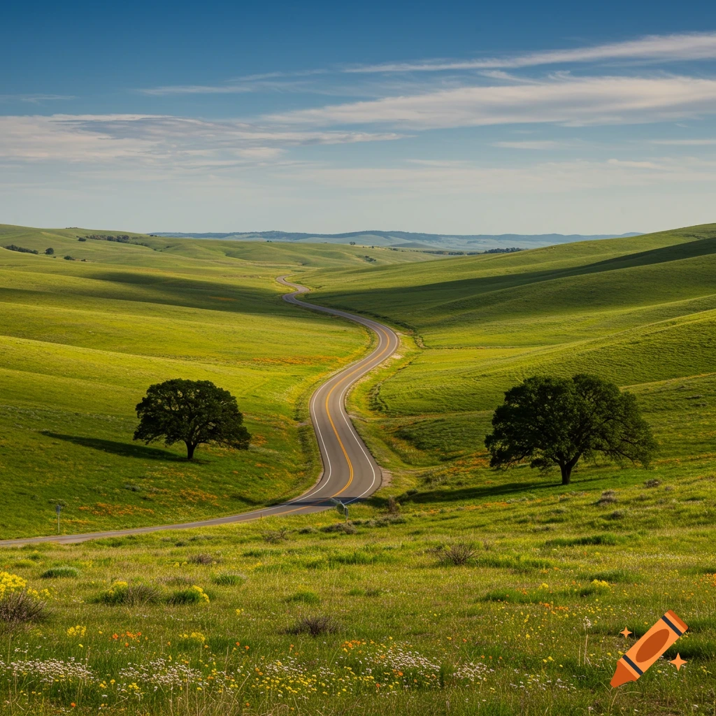 A winding road curves through lush green rolling hills under a blue sky, with scattered trees and wildflowers.