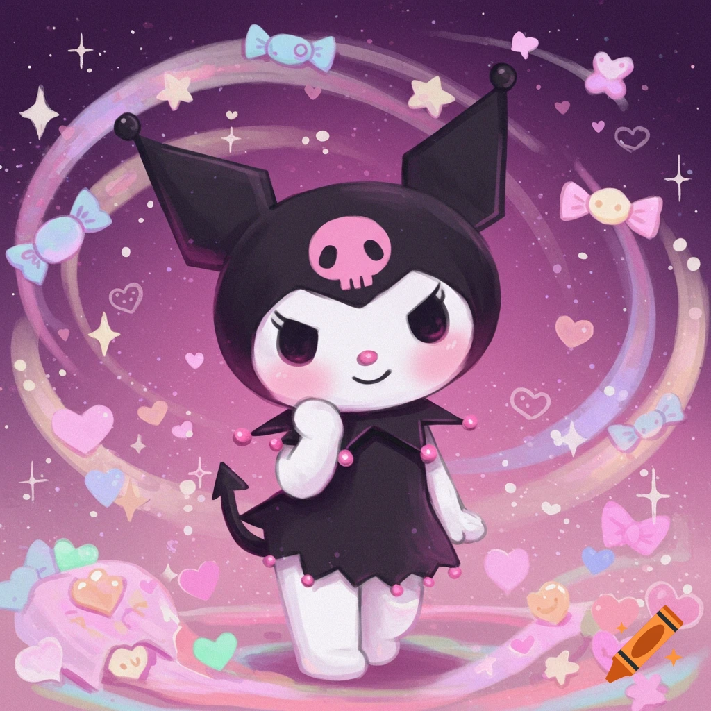 A cute cartoon Kuromi character in a black outfit stands in a pastel purple, pink, and starry background filled with candies and hearts.