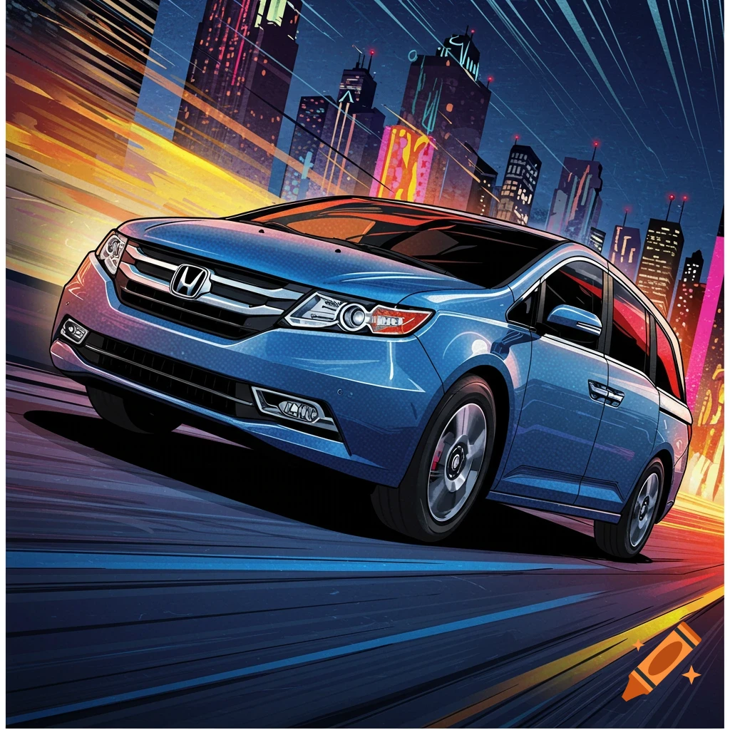Blue Honda Odyssey minivan speeding through a neon-lit city at night, in a vibrant comic book art style.