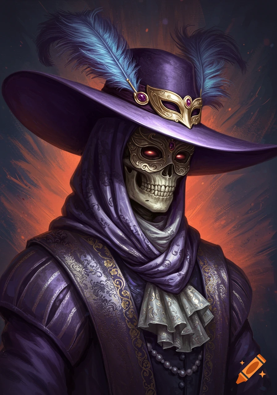A fantasy illustration of a skeletal figure in a purple noble's outfit, wide-brimmed feathered hat, and a golden mask, against an orange background.
