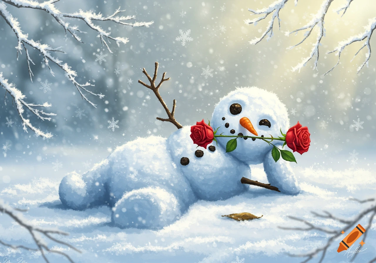 A cheerful snowman lies in fresh snow, holding two red roses in its mouth, surrounded by snow-covered branches and falling snowflakes in an illustration.