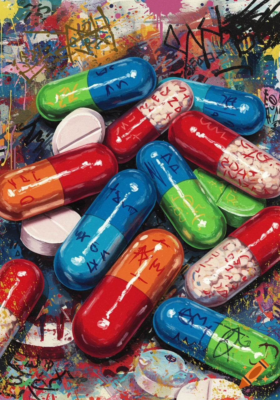 Vibrant pop art illustration of colorful pills and tablets against a graffiti-splattered background in Basquiat style.