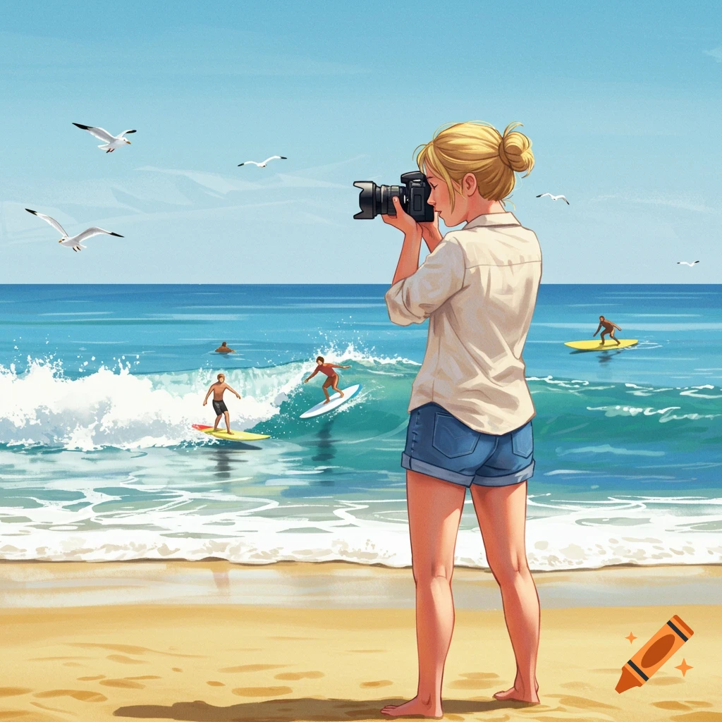 An illustration of a blonde woman on a sunny beach, holding a camera and taking photos of surfers in the ocean.