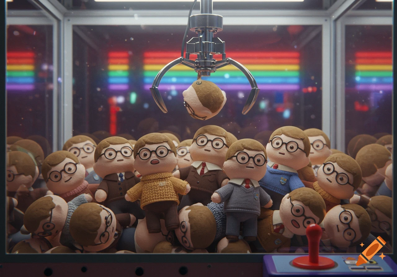 A claw machine filled with many identical plush toys of a man wearing glasses, with a claw hovering over one.