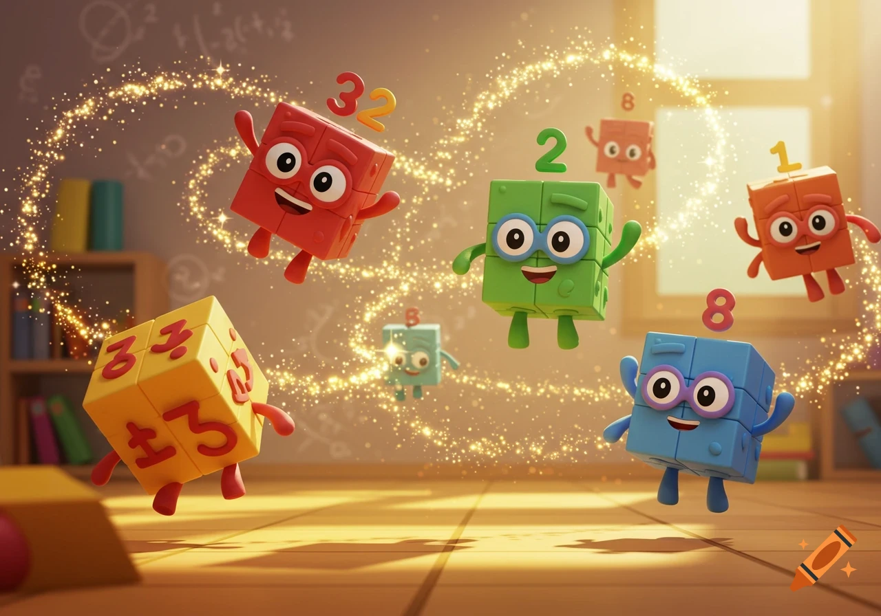Colorful, smiling Numberblocks characters float in a magical classroom, surrounded by golden sparkles. A red block, green block, orange block, yellow block, and blue block are visible.