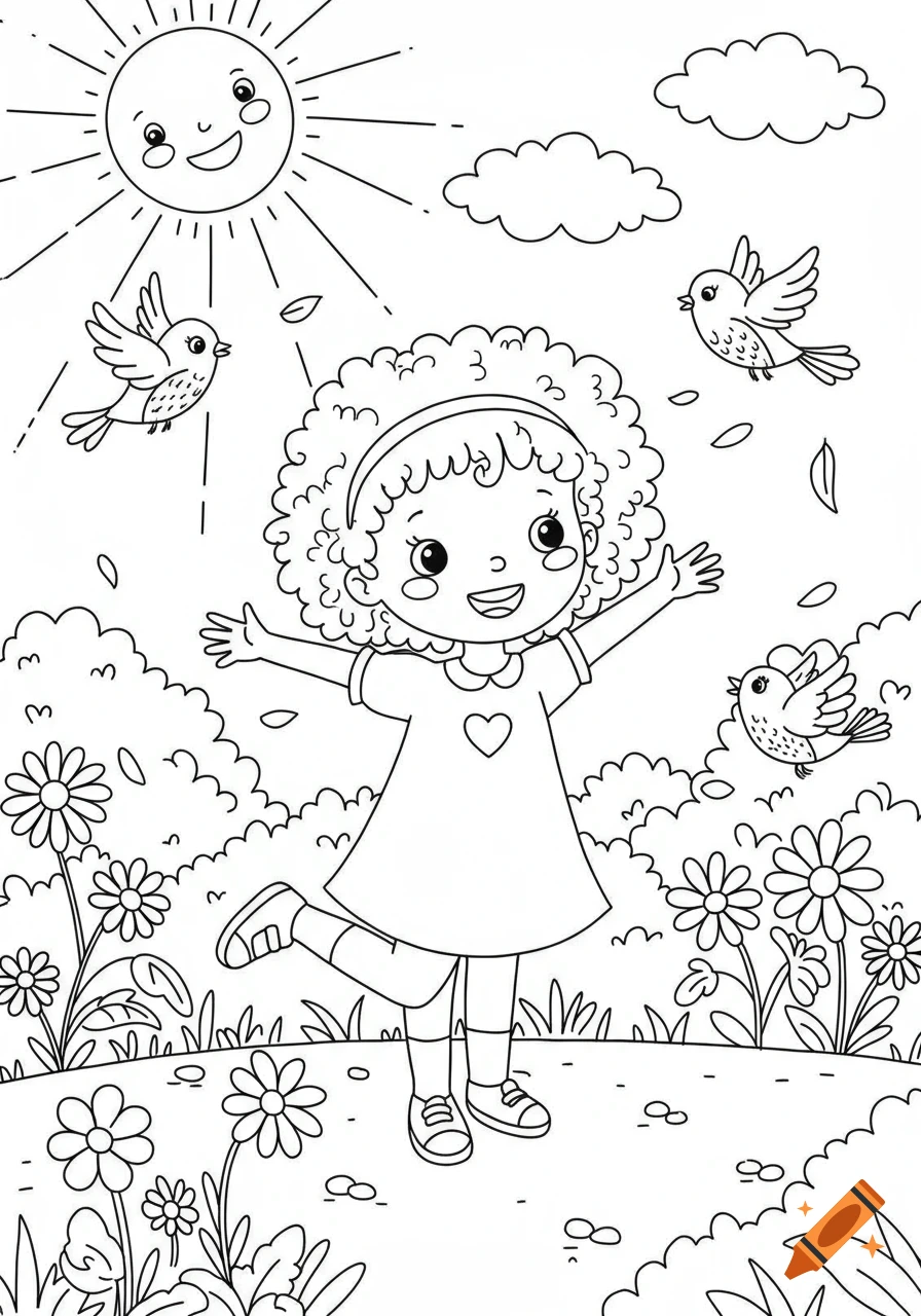 A black and white coloring page of a happy girl playing in a sunny park with birds and flowers.