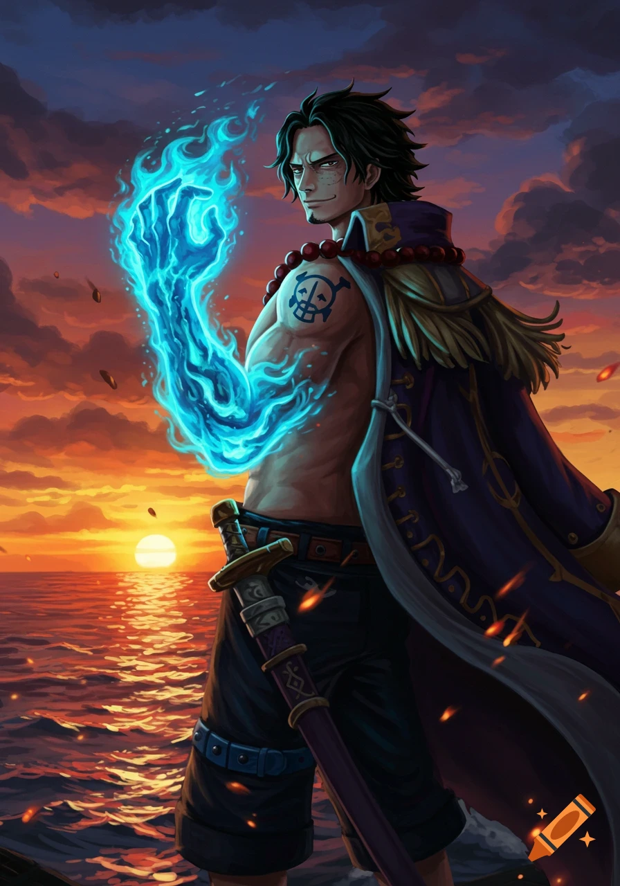 Portgas D. Ace, an anime character, wielding blue flames from his arm against a sunset ocean backdrop.