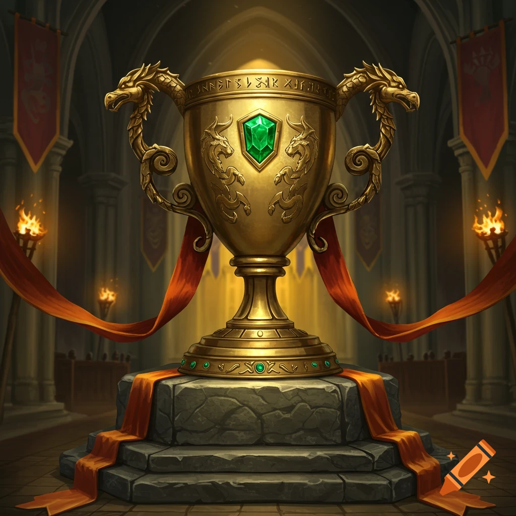 A golden medieval trophy with dragon handles and an emerald jewel, displayed on a stone pedestal in a grand hall with torches and banners.