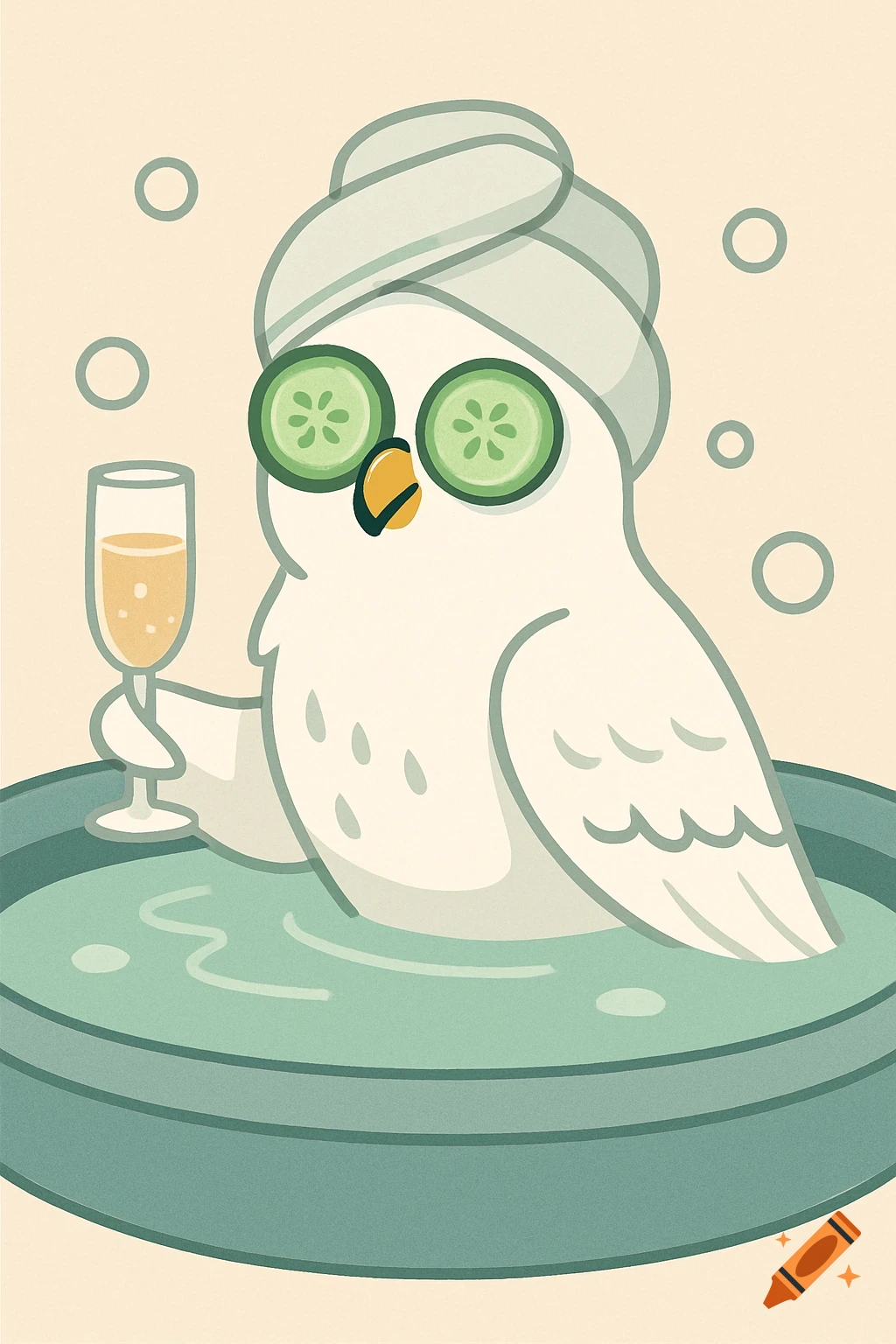 A cartoon white owl in a spa bath, wearing a towel on its head and cucumber slices over its eyes, holding a glass of bubbly.