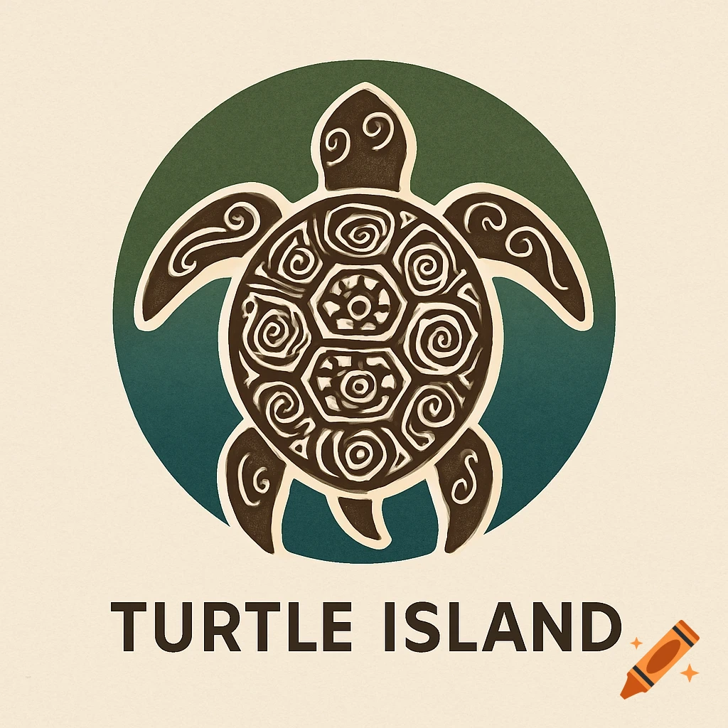 Stylized brown turtle with tribal patterns on its shell within a green-blue circle logo, text 'TURTLE ISLAND' below on a beige background.