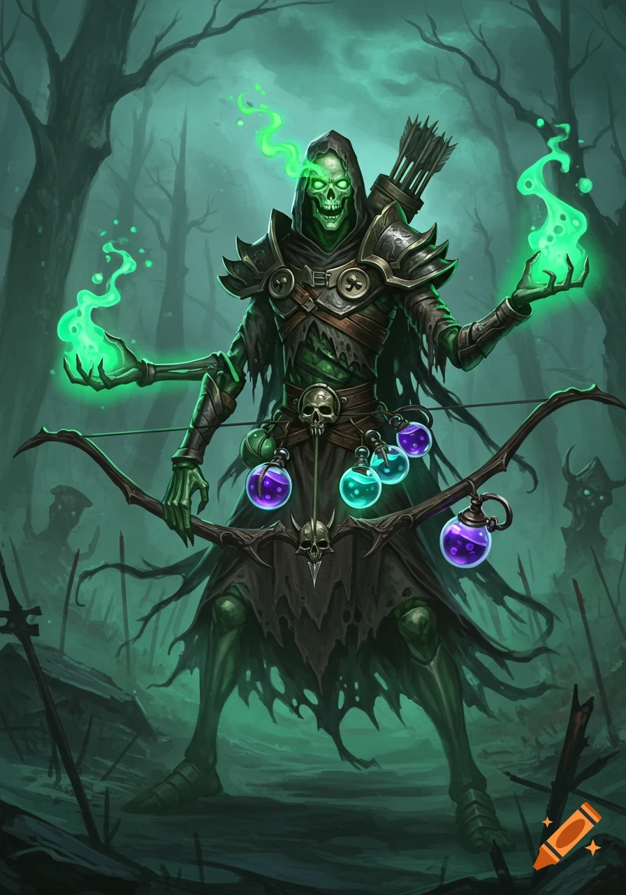 An undead archer with glowing green eyes and hands, wearing armor and a hood, stands in a dark, misty forest holding a bow and potion grenades.