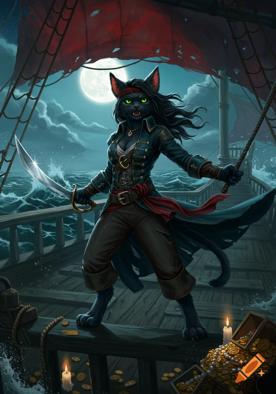 A black cat-person pirate in a coat and bandana stands on a ship's deck ...