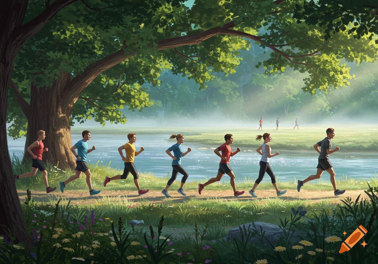 A diverse group of runners jogs along a dirt path next to a river under green trees, with a misty forest in the background.