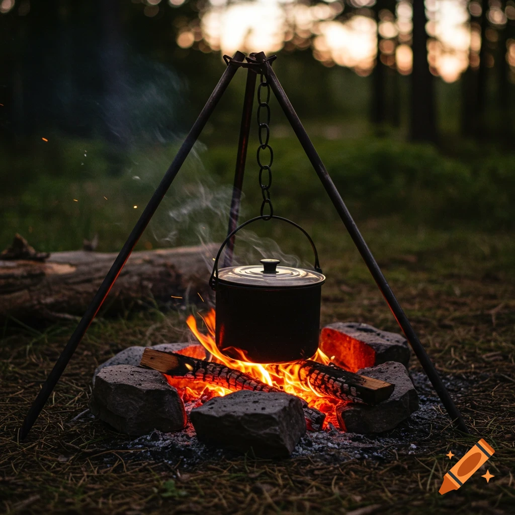 A metal pot hangs over a vibrant campfire, surrounded by stones in a forest at dusk, with smoke rising.