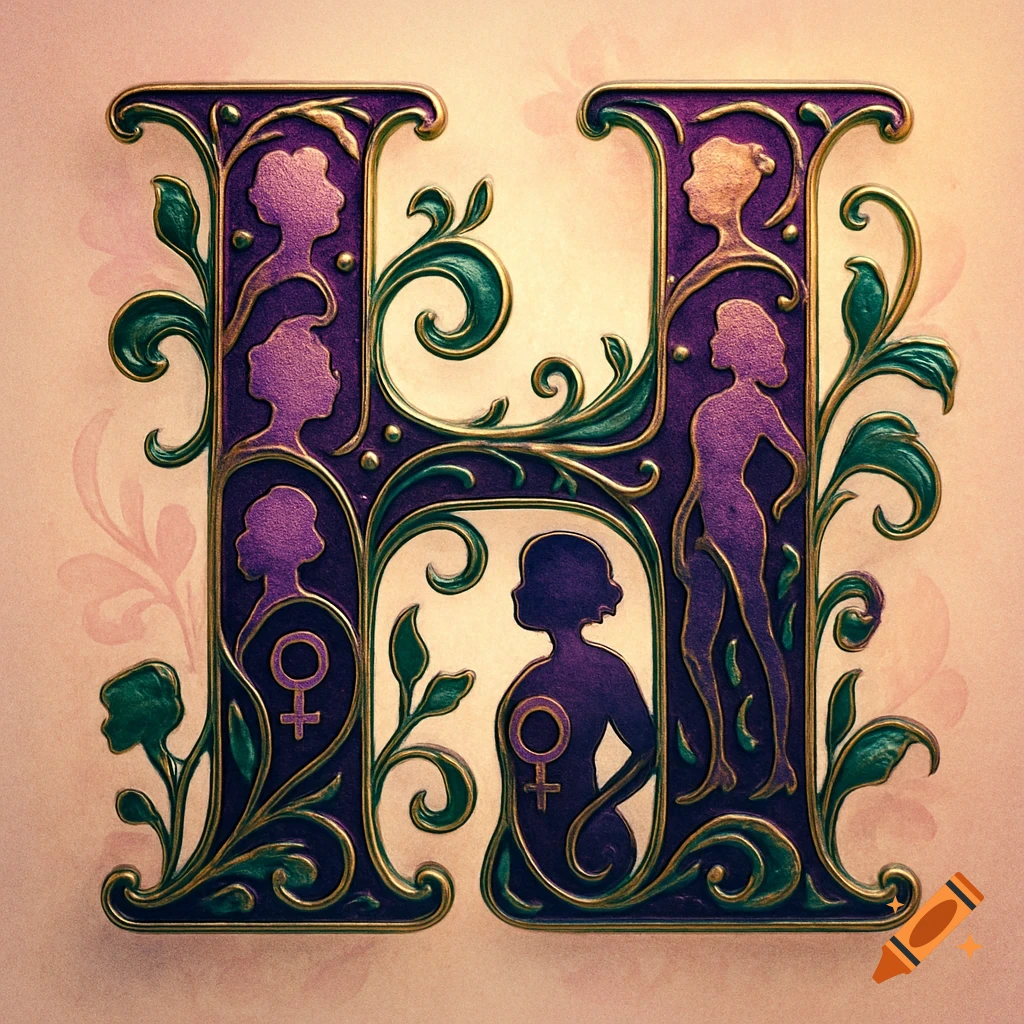 Ornate letter H in purple and gold, intricately decorated with green foliage and silhouettes of women and female gender symbols.