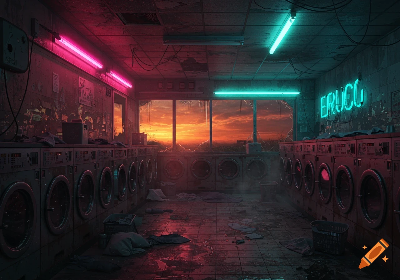 An abandoned, neon-lit laundromat with rows of washing machines, broken windows, and a fiery sunset visible outside.