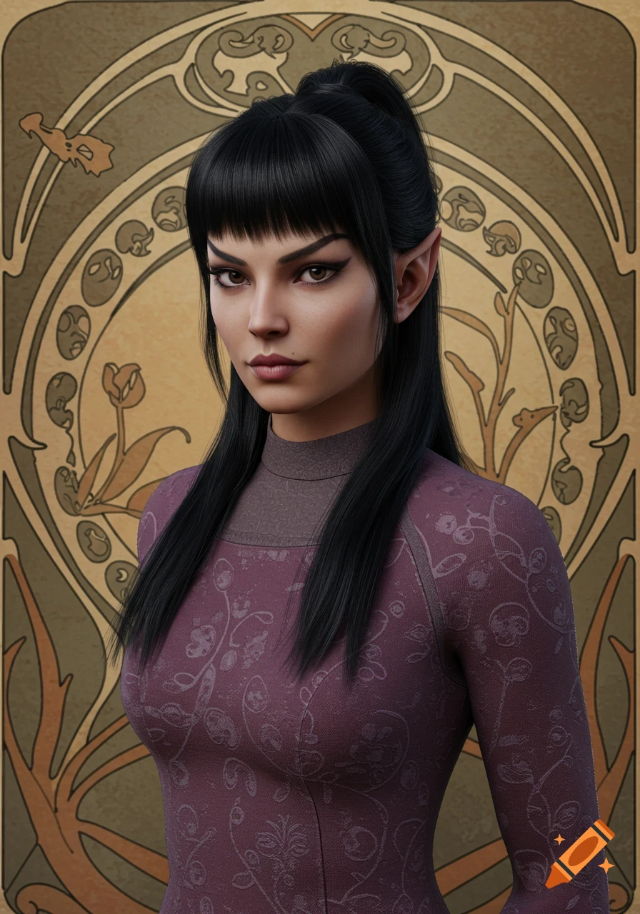 A portrait of a young woman with long black hair, bangs, and pointed ears, wearing a mauve dress, against an Art Nouveau background.