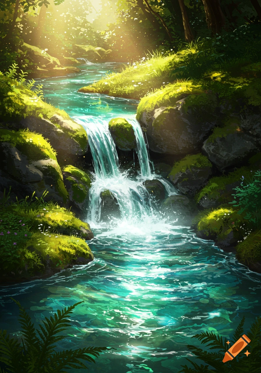 Vibrant forest stream with mossy rocks and sunlit waterfalls, in a painterly style.