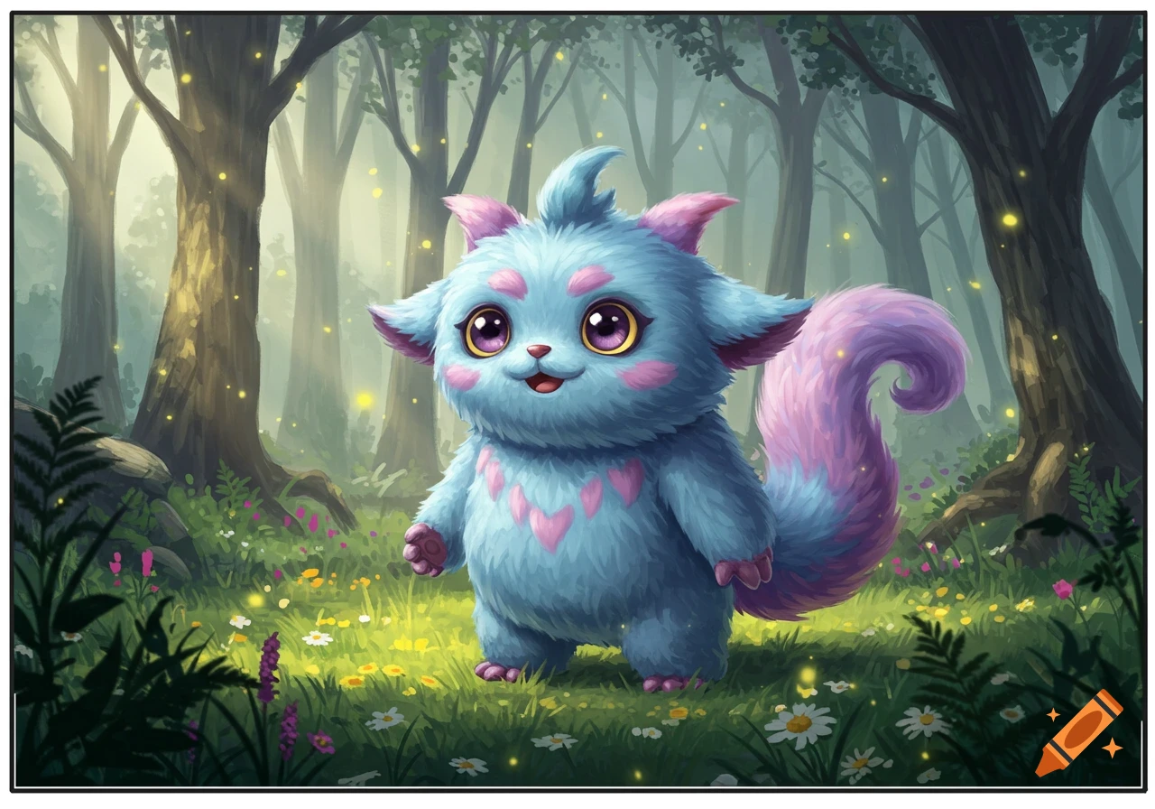 A cute, fluffy blue and pink fantasy creature with large eyes stands smiling in a magical forest with glowing fireflies.