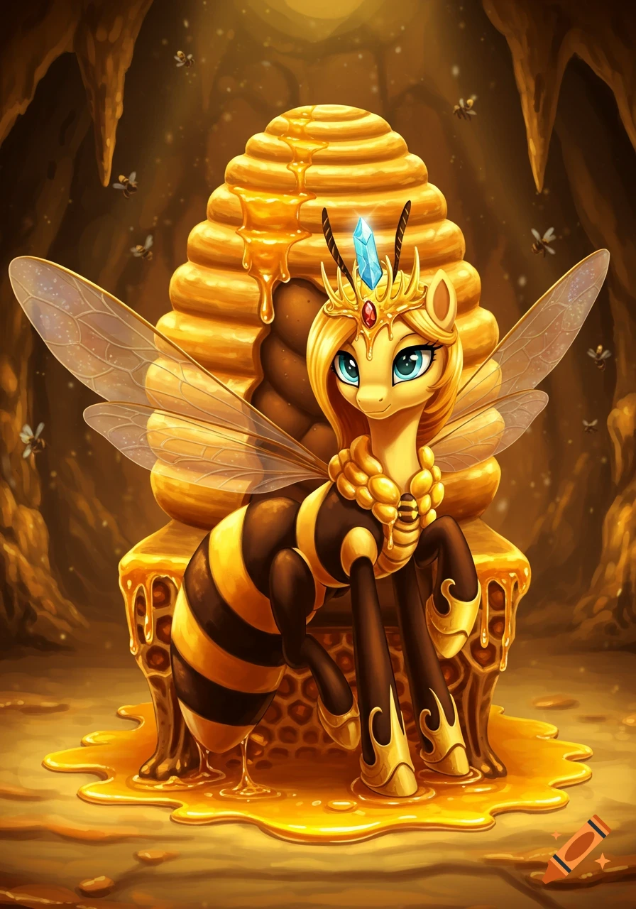Cartoon pony-bee queen with golden crown and wings, sitting on a honey-drenched beehive throne in a glowing cave.