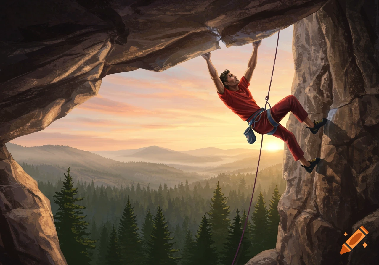 A male rock climber in a red outfit hangs from a cliff overhang, with a scenic sunset over misty mountains and pine forests in the background.