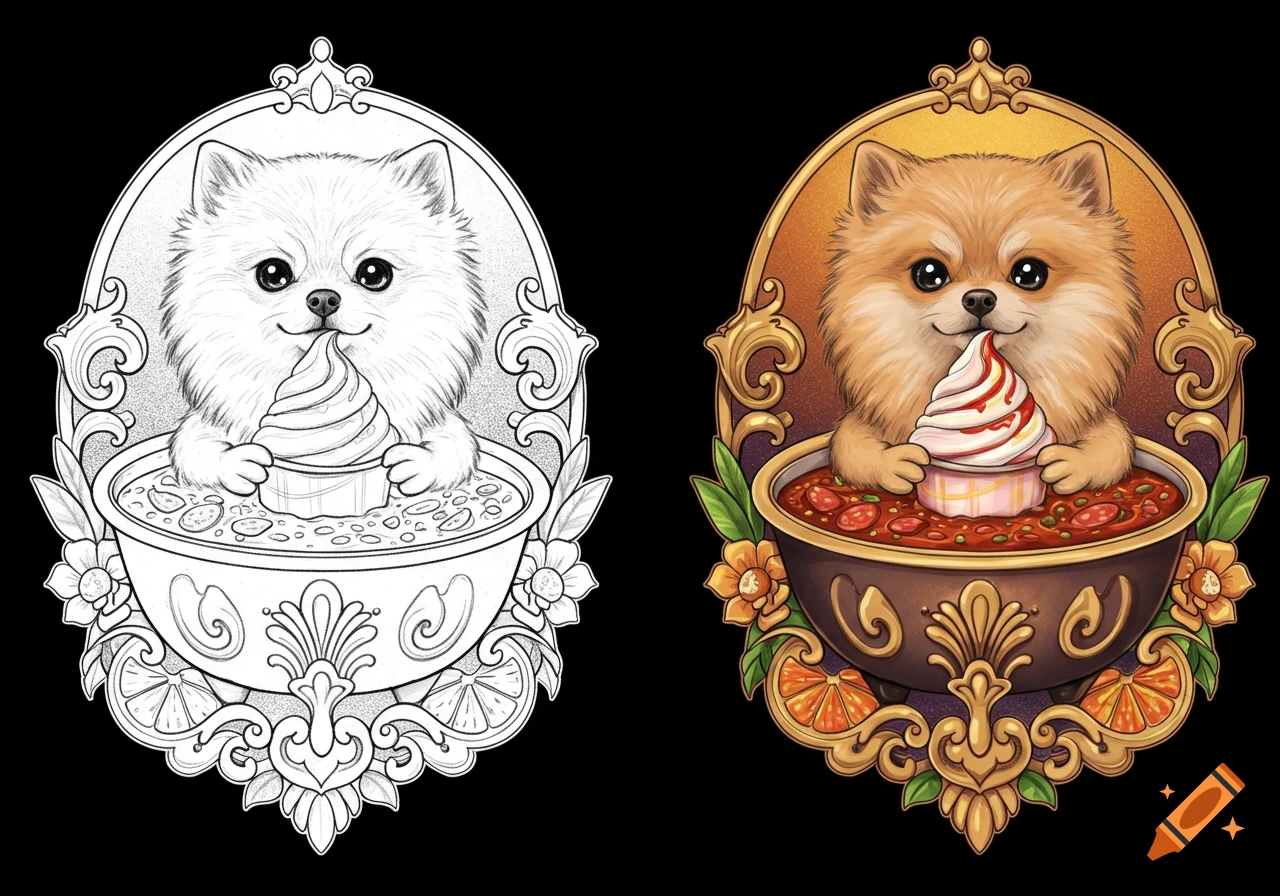 Neo-traditional illustration of a Pomeranian dog in a bowl of lentils and chorizo, holding soft-serve ice cream. Shown in black and white and color.
