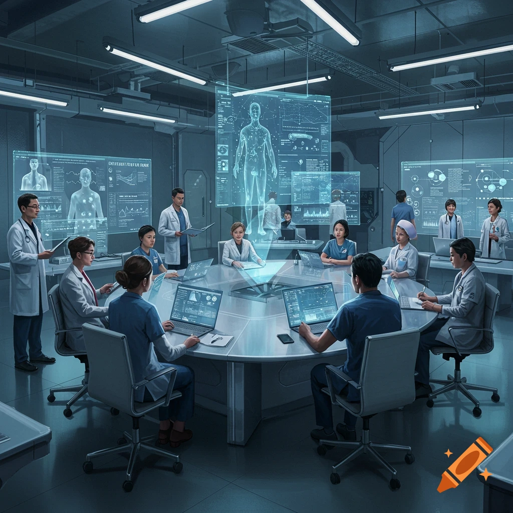 Clinicians and nurses gather in a futuristic conference room with holographic displays, discussing digital innovation.
