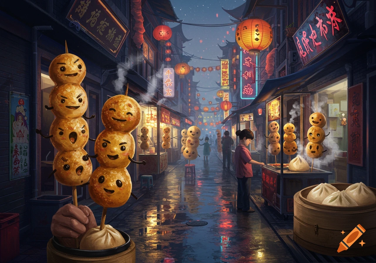 A vibrant night market scene in an Asian city, with animated, smiling skewers of golden fried food, a child vendor, and glowing lanterns reflecting on wet streets.