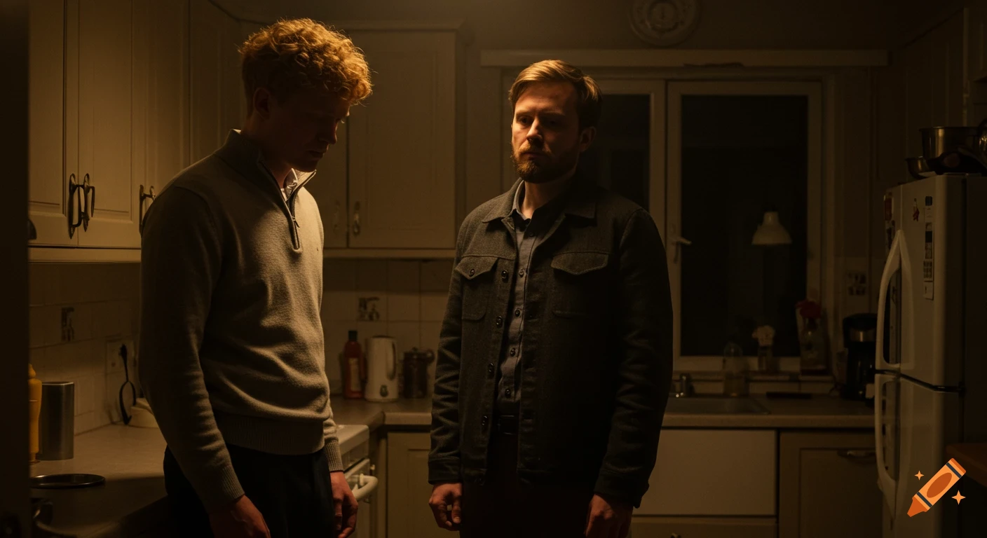 Two men, one with ginger hair, the other bearded, stand in a dimly lit kitchen with a tense emotional atmosphere.