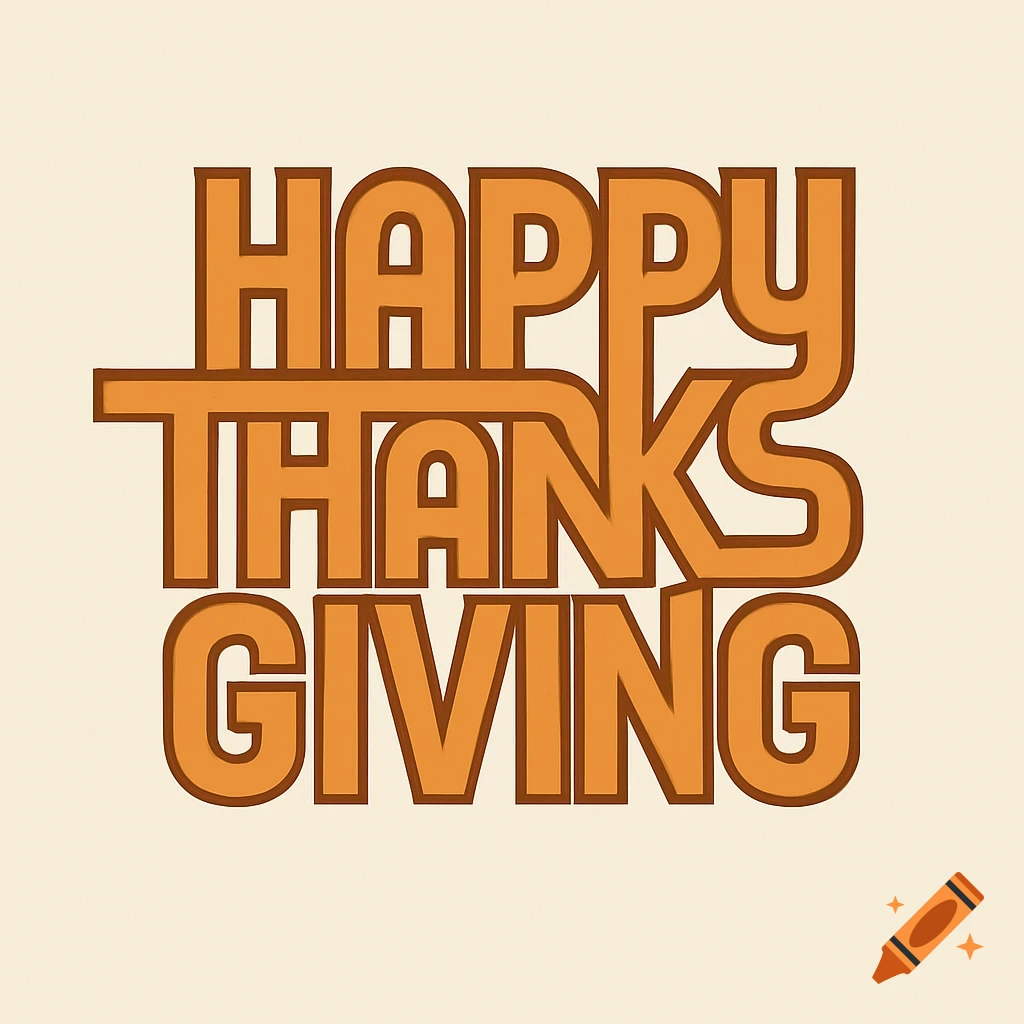 Stylized orange and brown 'Happy Thanksgiving' text with connected block letters on a cream background.