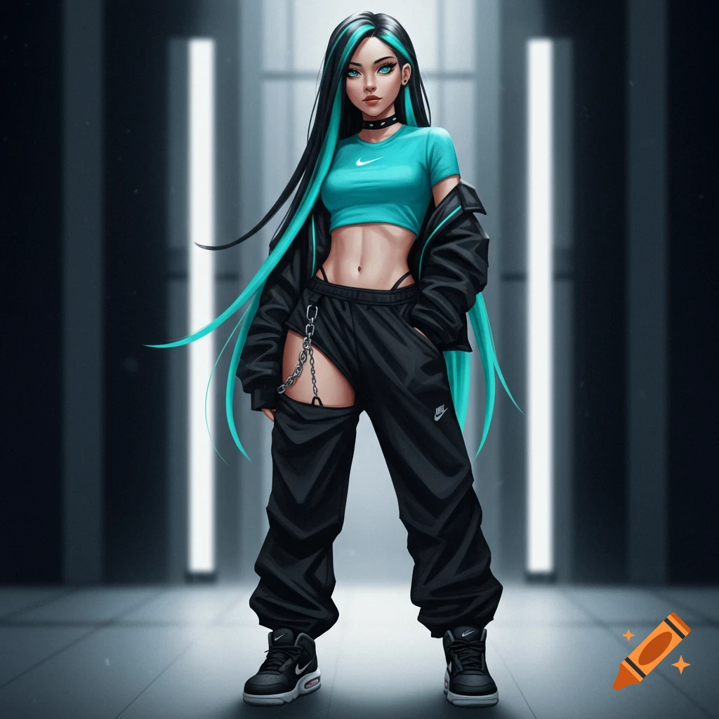A stylized woman with long black and turquoise hair, wearing a turquoise Nike crop top, black ripped Nike baggy pants, and sneakers, standing in a dim, modern hallway.