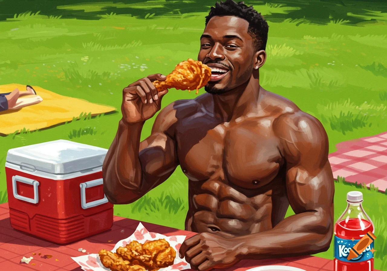 A muscular Black man smiles while eating fried chicken at an outdoor picnic with a red cooler and soda bottle.